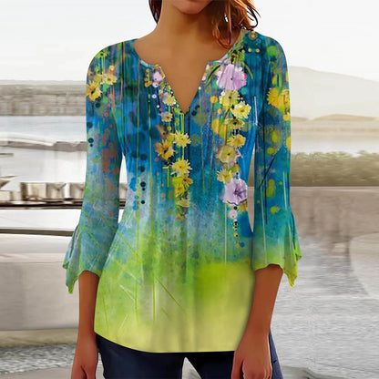 xakxx xakxx-  New Printed Shirt Women V Neck Button Fold Mid Sleeve Lady High Quality Elegant Top Autumn Blouse