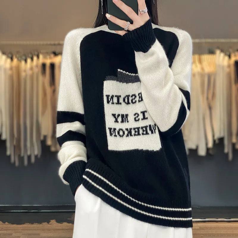xakxx xakxx-Autumn and winter letter jacquard embroidery cashmere sweater sweater women's pullover loose and fattening.