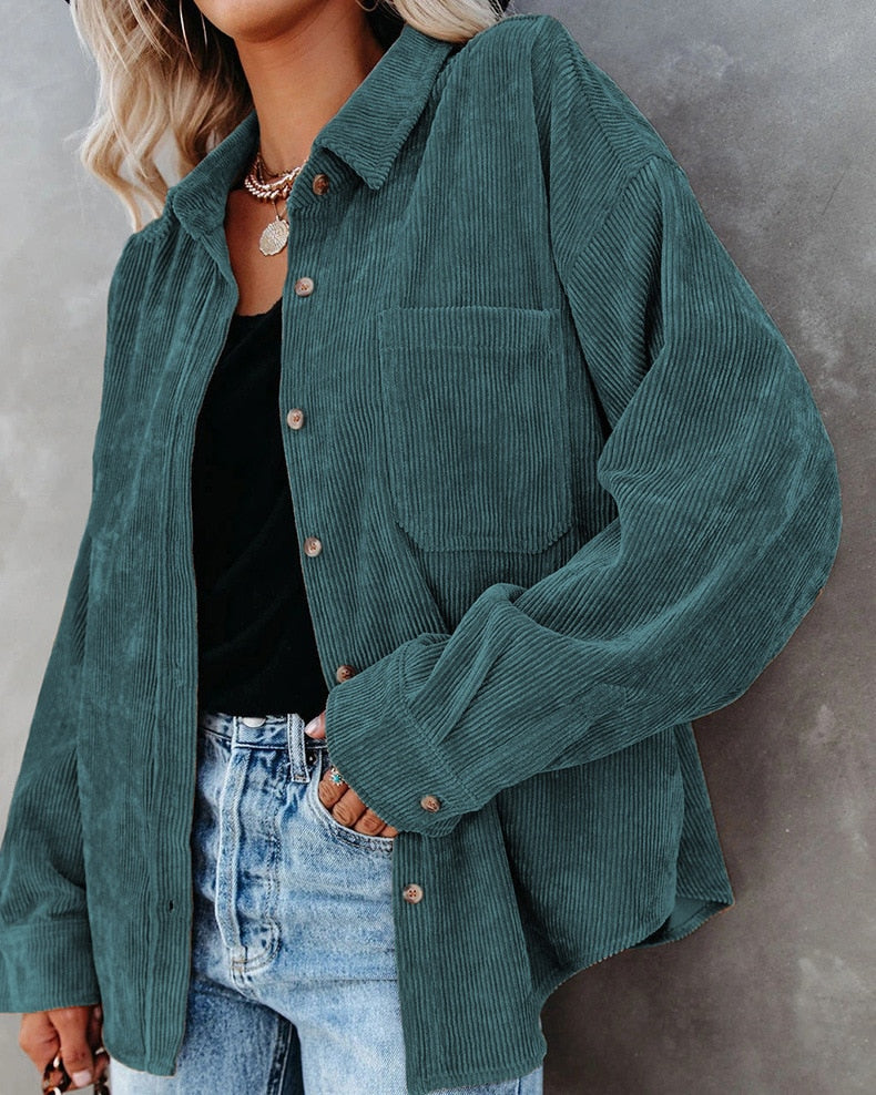 xakxx  Autumn Fashion Vintage Corduroy Blouse Jacket Strip Shirt Women Cotton Casual Tops Button Pocket Loose Blouse Outwear