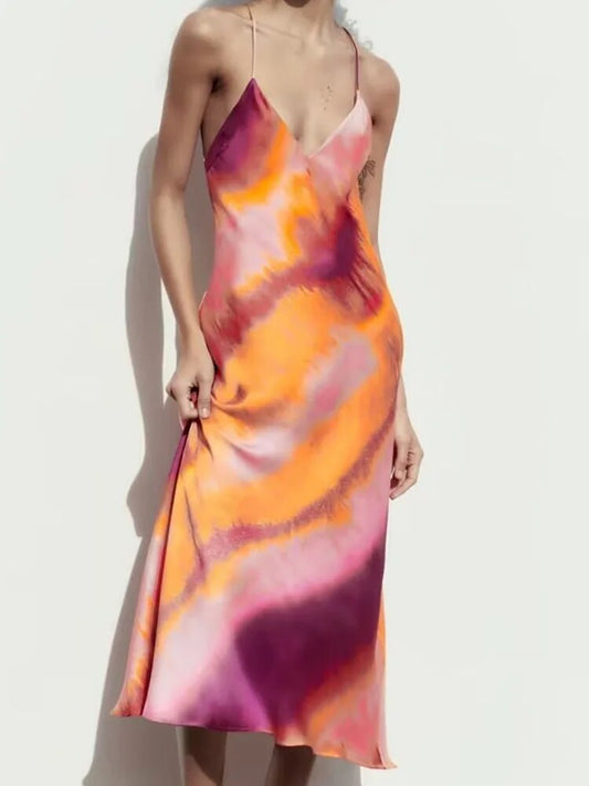 xakxx- New women's  V neck midi dress with thin suspender at the back cross satin texture underwear dress