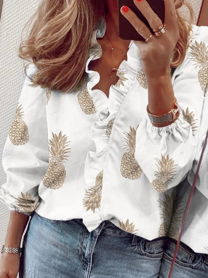 xakxx- Fashion Pineapple Print Shirt Women's Ruffled Collar Long Sleeve Top Young Girl Solid Color Casual Blouse 5Xl