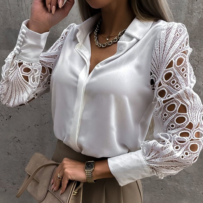 xakxx White Lace Hollow Out Women Blouse Spring Black Vintage Button Up Shirts Top Long Sleeve Mesh Design Tops Femme