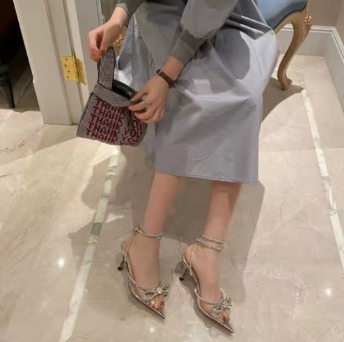 xakxx New Rhinestone Butterfly-Knot Sandals Woman Wedding Pumps High Heel Sandals Women Pearl Pearl Diamond High Heels Party Shoes