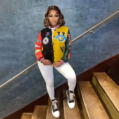 xakxx Autumn outfits Long Sleeve Tops Ladies Print Coat Varsity Jacket Women Yellow Streetwear Fall Winter Patchwork Jackets For Women