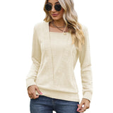 xakxx- Square Neck Long Sleeved Pullover Women Casual Solid Color Loose T Shirt Lady Simple Autumn Winter Tops