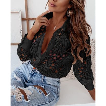 xakxx Women Sexy Lace Hollow Out Shirt Blouse Long Sleeve V-Neck Mesh Design Tops  Spring Autumn Solid Color Vintage Button Shirts
