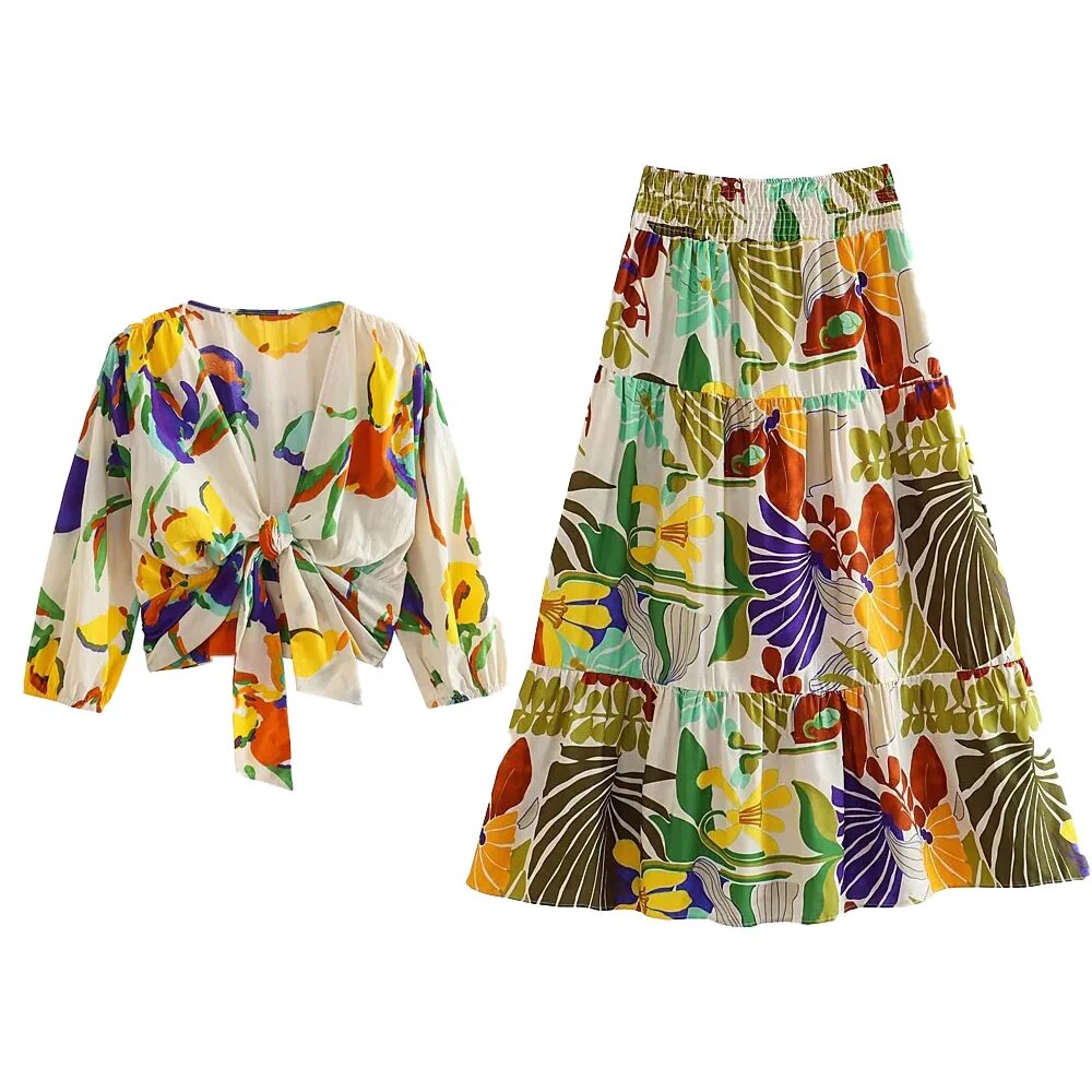 xakxx xakxx - New women's Q fashion casual tropical style printed knot decoration waist short top high waist long skirt