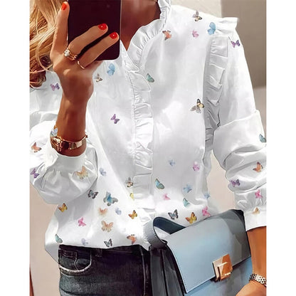 xakxx xakxx Women Elegant Fashion Butterfly Print Blouses Top Ruffled Trim Casual Long Sleeve Blouse