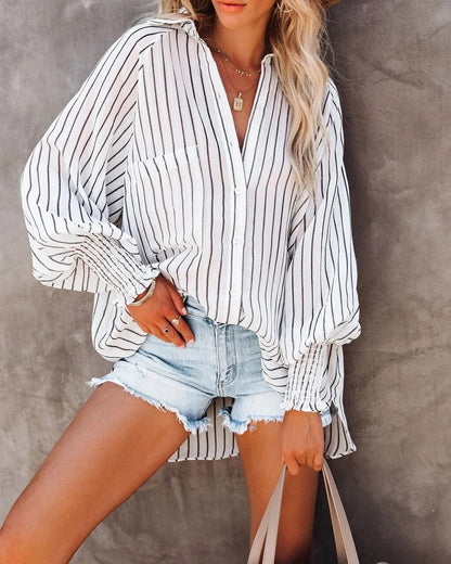 xakxx- Classic Black White Striped Shirts Women Autumn Polo-Neck Single-Breasted Long Sleeve Cardigan Blouse Plus Size Casual Tops