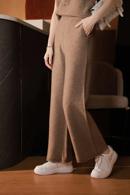 xakxx xakxx-Cashmere wide-leg pants women's high waist straight pants wear casual wool pants in autumn and winter.