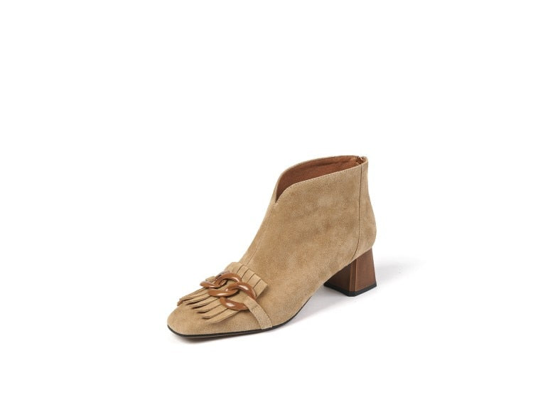 xakxx Autumn/Winter Women Boots Sheep Suade Round Toe Square Heel Mid-Heel Ankle Boots Fringed Zipper Fashion Office Lady Shoes