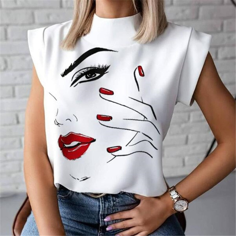 Women Lips Printed T Shirt Ladies Casual Stand Neck Tee Tops Short Sleeve Streetwear Summer Floral Plus Size Pullover T-shirts