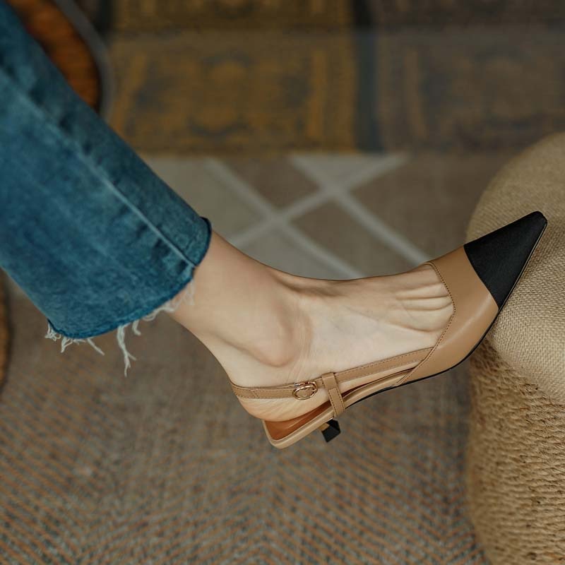 xakxx New Summer Women Slingback Sandals Pointed Toe Mid Heel Females Slippers Elegant Cozy Vintage Girl Office Banquet Footwear