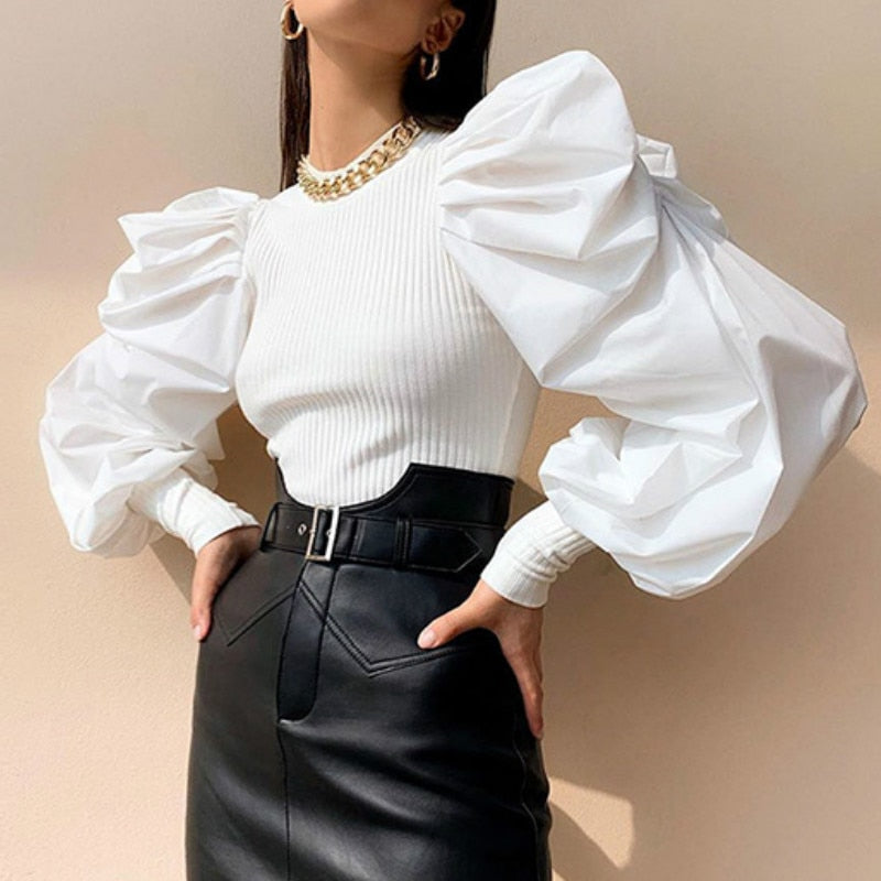 xakxx Autumn outfits  Retro Womens Long Puff Sleeve Blouse Shirts Spring Fall Black White Solid Fashion Elegant Blouses And Tops Female Clothes