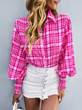xakxx Long Sleeves Loose Buttoned Contrast Color Elasticity Plaid Lapel Blouses&Shirts Tops