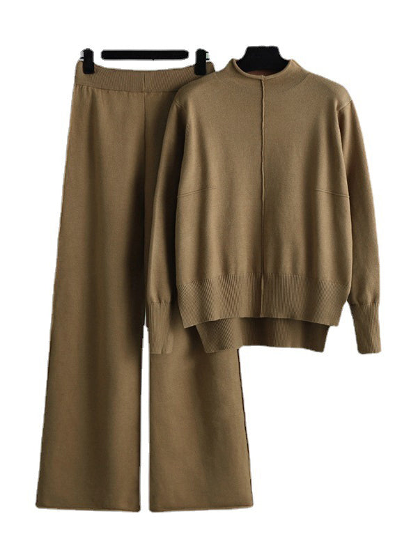 xakxx Stylish High-Low Long Sleeves Split-Side Solid Half Turtleneck Sweater Tops & Wide Leg Pants Two Pieces Set