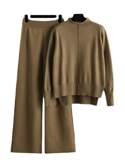 xakxx Stylish High-Low Long Sleeves Split-Side Solid Half Turtleneck Sweater Tops & Wide Leg Pants Two Pieces Set