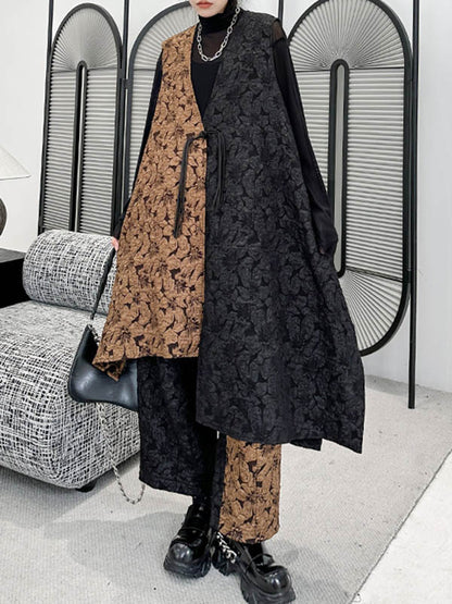 xakxx A-Line High-Low Asymmetric Contrast Color Jacquard Vest Top + Elasticity Pants Bottom Two Pieces Set