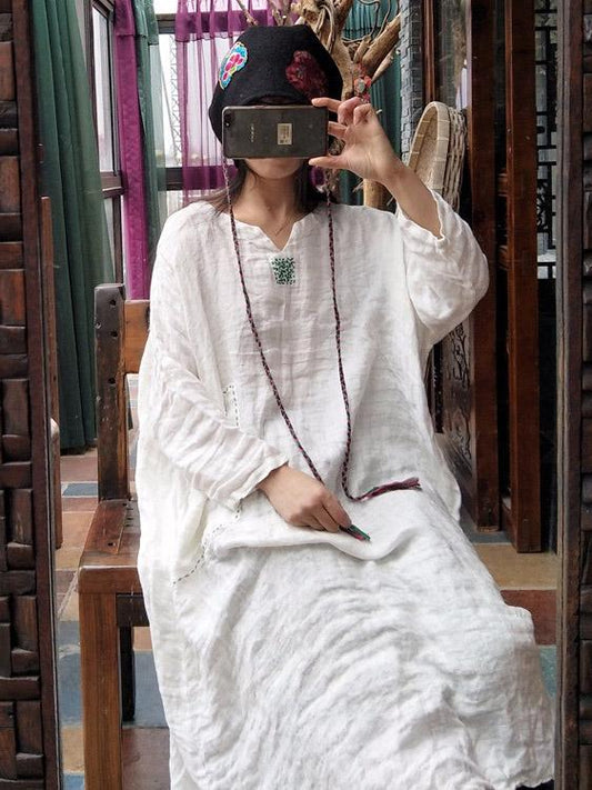 xakxx 100% Linen Manual Embroidered Long Dress
