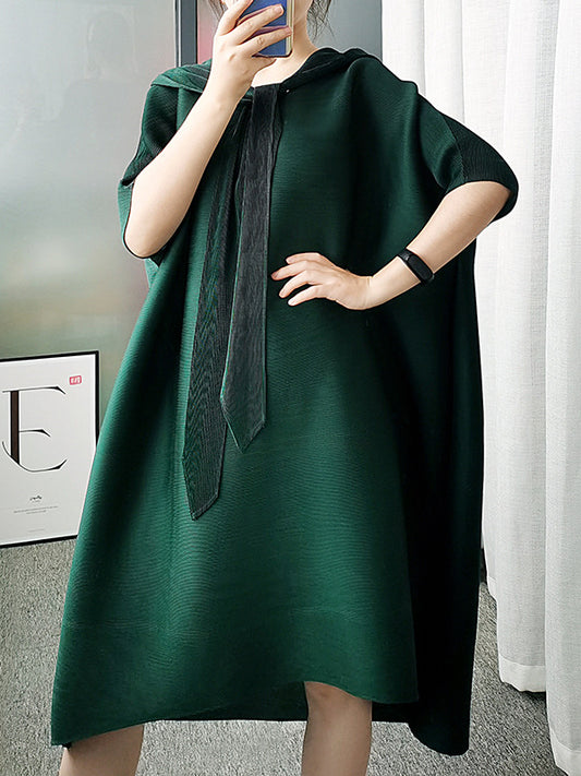 xakxx Batwing Sleeves Loose Lace-Up Pleated Hooded Midi Dresses