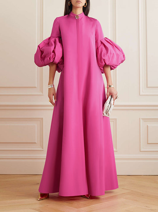 xakxx Loose Flower Shape Solid Color Stand Collar Lantern Sleeves Maxi Dresses