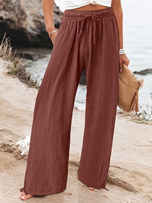 xakxx Loose Wide Leg Drawstring Elasticity Solid Color Pants Trousers