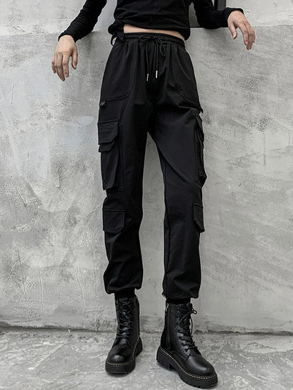 xakxx Stylish Drawstring Punk Empire Black Casual Overalls Pants