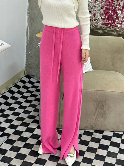 xakxx High Waisted Loose Drawstring Solid Color Split-Side Velvet Pants Trousers
