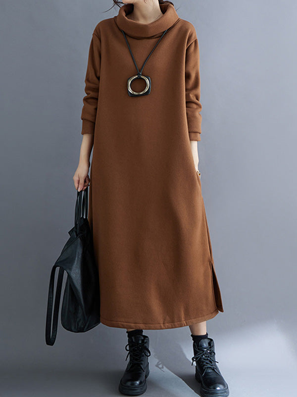 xakxx A-Line Long Sleeves Pockets Solid Color Split-Side Velvet High Neck Midi Dresses