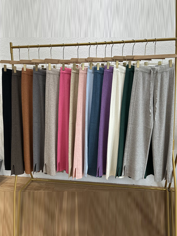 xakxx High Waisted Loose Drawstring Solid Color Split-Side Velvet Pants Trousers