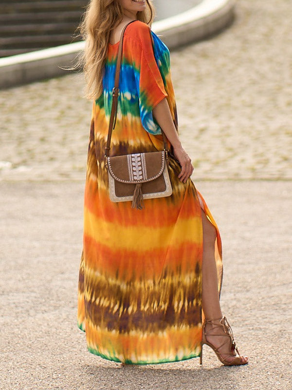 xakxx Batwing Sleeves Loose Split-Side Tie-Dyed V-Neck Beach Cover-Up Maxi Dresses