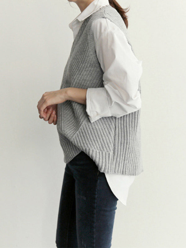 xakxx Casual Sleeveless Loose Solid Color V-Neck Vest Outerwear