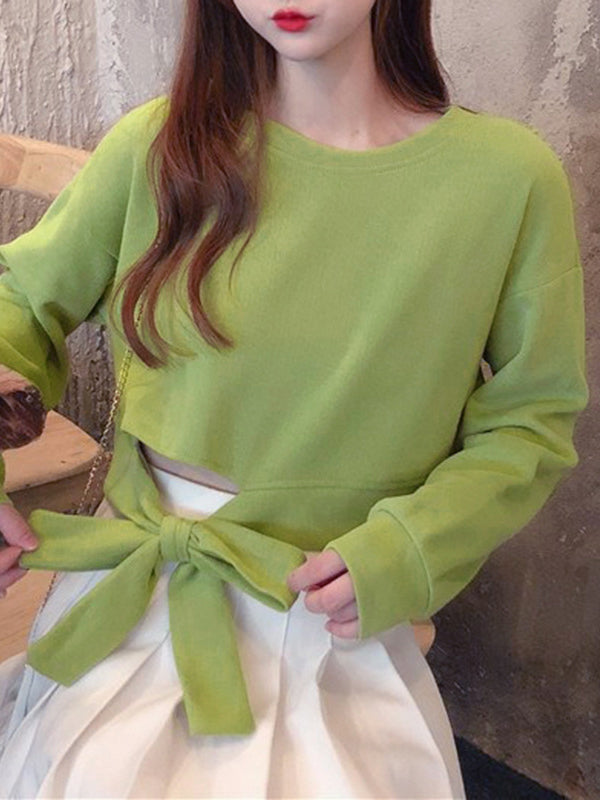 xakxx High Waisted Long Sleeves Asymmetric Bowknot Hollow Solid Color Round-Neck Sweatshirt Tops