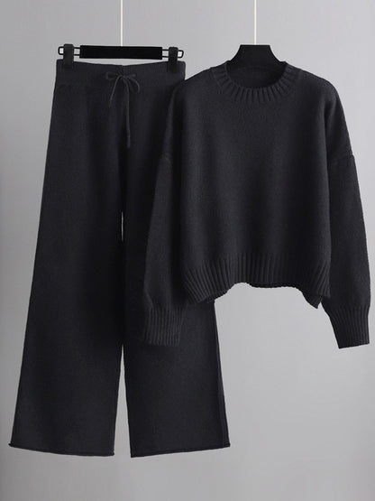 xakxx Urban Loose Long Sleeves Solid Color Round-Neck High-Low Sweater Tops & Wide Leg Pants Suits
