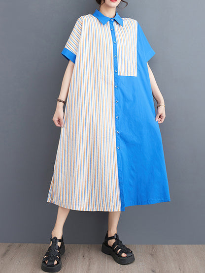 xakxx Loose Short Sleeves Asymmetric Split-Joint Striped Lapel Midi Dresses Shirt Dress