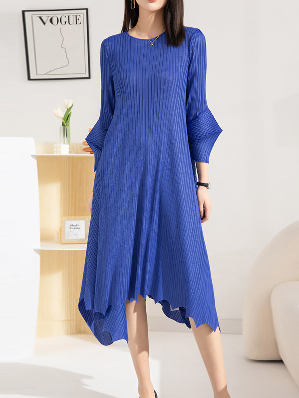 xakxx Irregular Clipping Loose Pleated Solid Color Round-Neck Midi Dresses