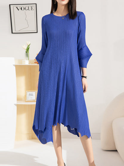 xakxx Irregular Clipping Loose Pleated Solid Color Round-Neck Midi Dresses