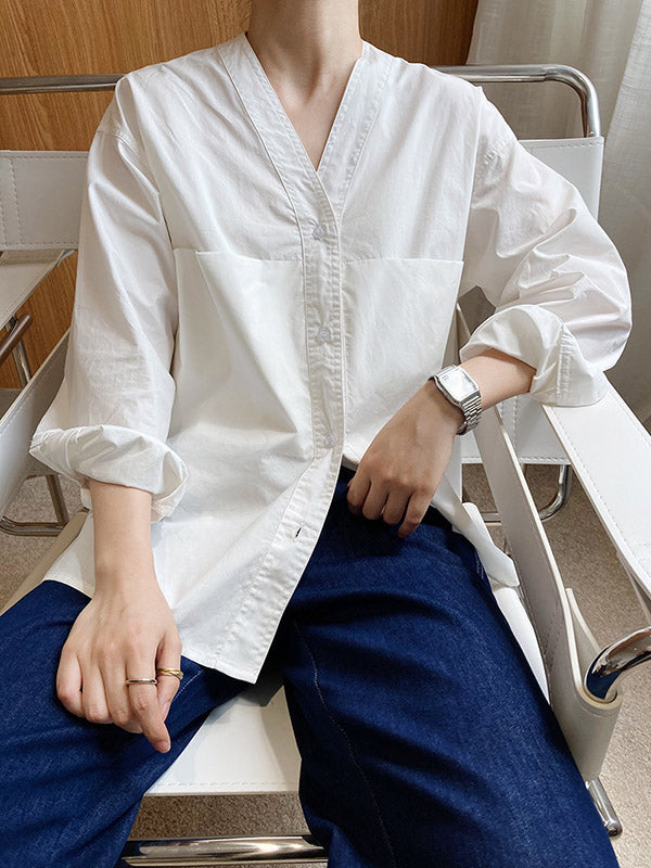 xakxx Loose Simple V-Neck Pocket Blouses