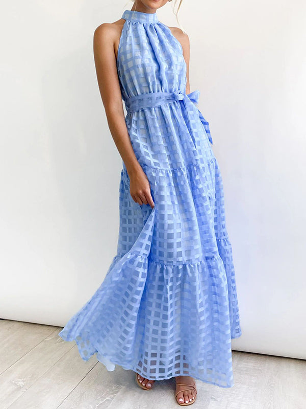 xakxx Loose Sleeveless Plaid Ribbed Stand Collar Maxi Dresses