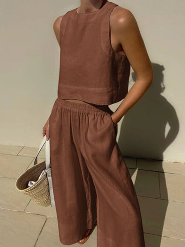xakxx Solid Color Round-Neck Sleeveless Vest + Elasticity Wide Leg Pants Two Pieces Set