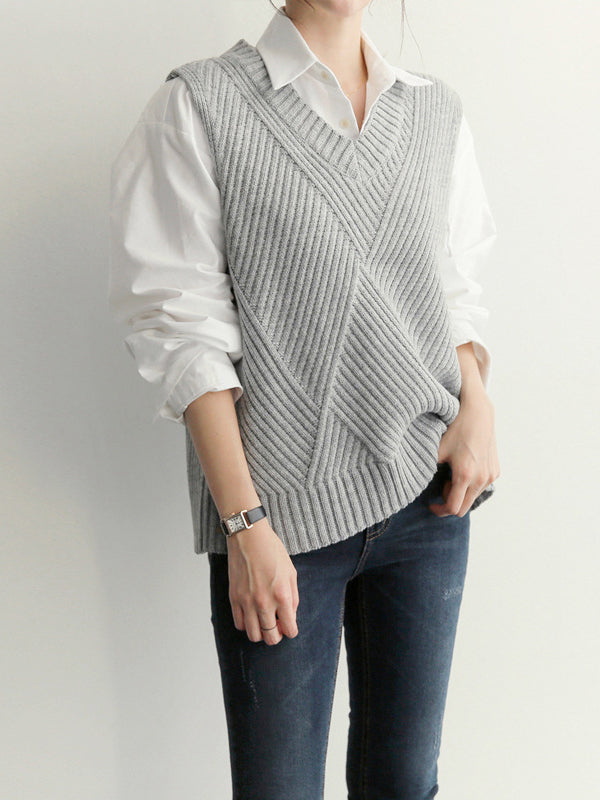 xakxx Casual Sleeveless Loose Solid Color V-Neck Vest Outerwear