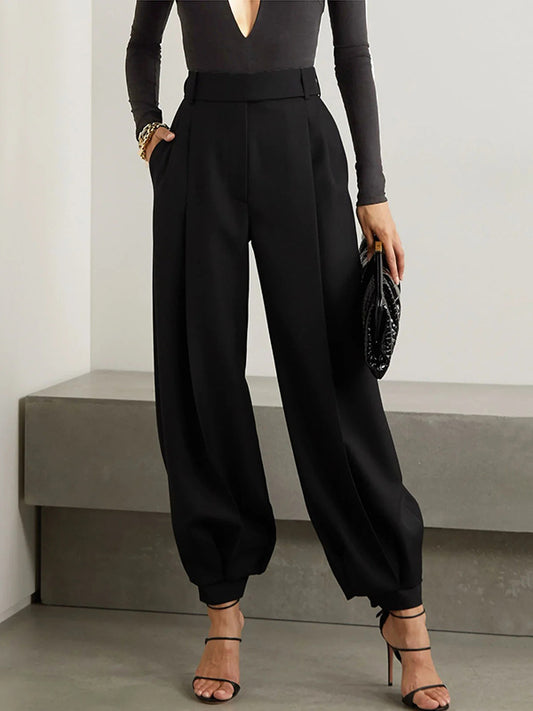 xakxx Simple High Waisted Black Casual Harem Pants Bottoms