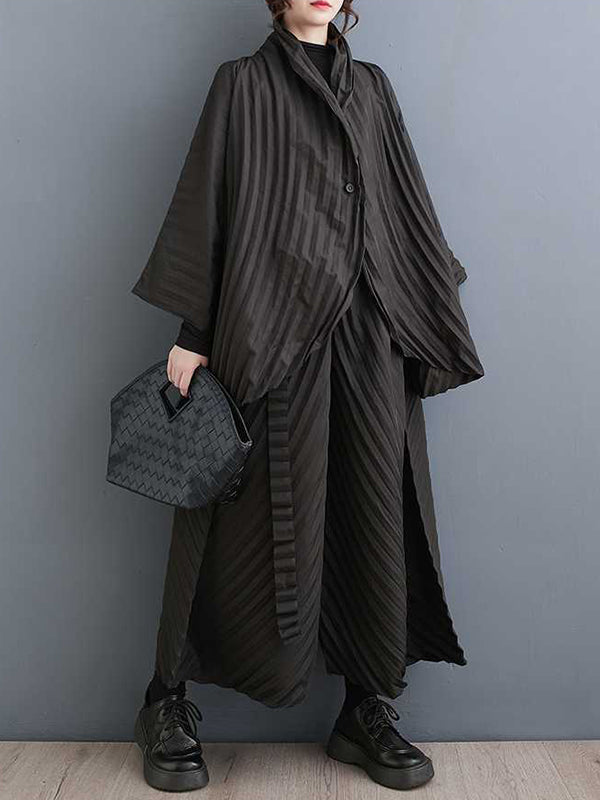 xakxx Long Sleeves Loose Buttoned Pleated Solid Color Stand Collar Shirts Top + Pants Bottom Two Pieces Set