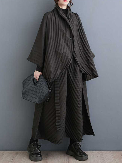 xakxx Long Sleeves Loose Buttoned Pleated Solid Color Stand Collar Shirts Top + Pants Bottom Two Pieces Set