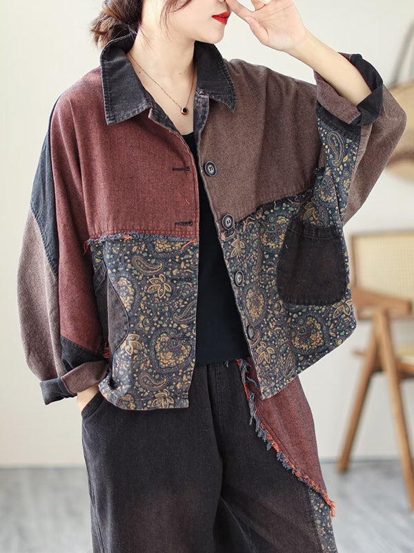 xakxx Contrast Color Fringed Split-Joint Long Sleeves Printed Outwear + Harem Pants  Two Pieces Set