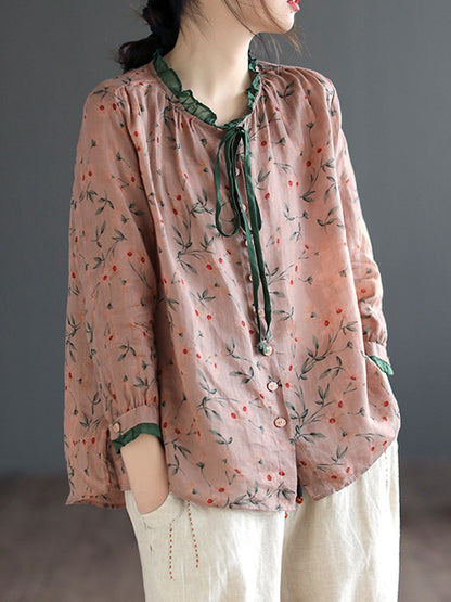 xakxx Long Sleeves Loose Floral Printed Lace-Up Round-Neck Blouses&Shirts Tops