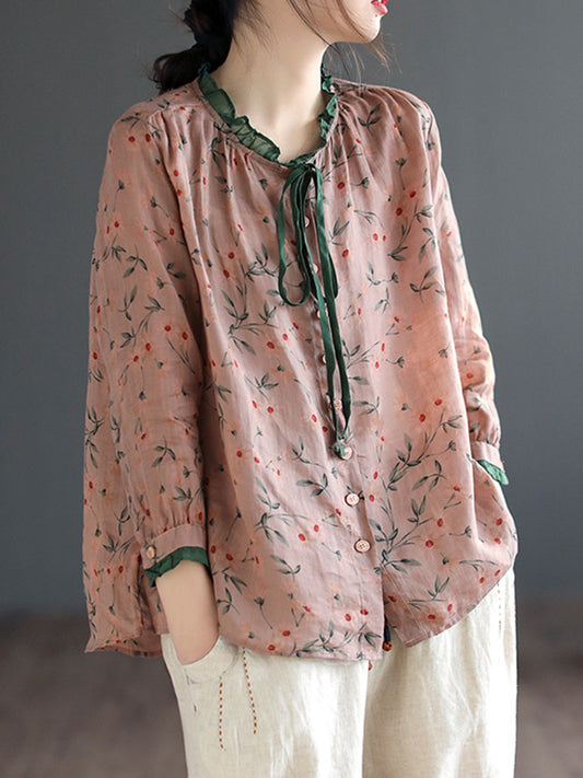 xakxx Long Sleeves Loose Floral Printed Lace-Up Round-Neck Blouses&Shirts Tops