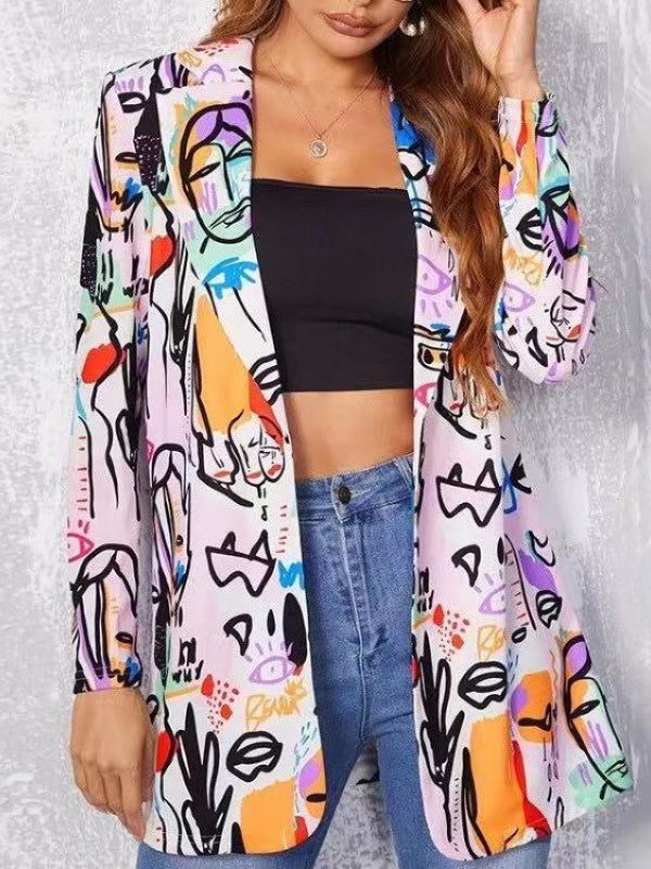 xakxx Long Sleeves Loose Figure Printed Notched Collar Outerwear