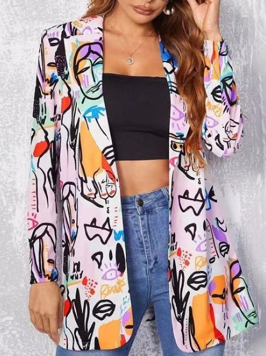 xakxx Long Sleeves Loose Figure Printed Notched Collar Outerwear