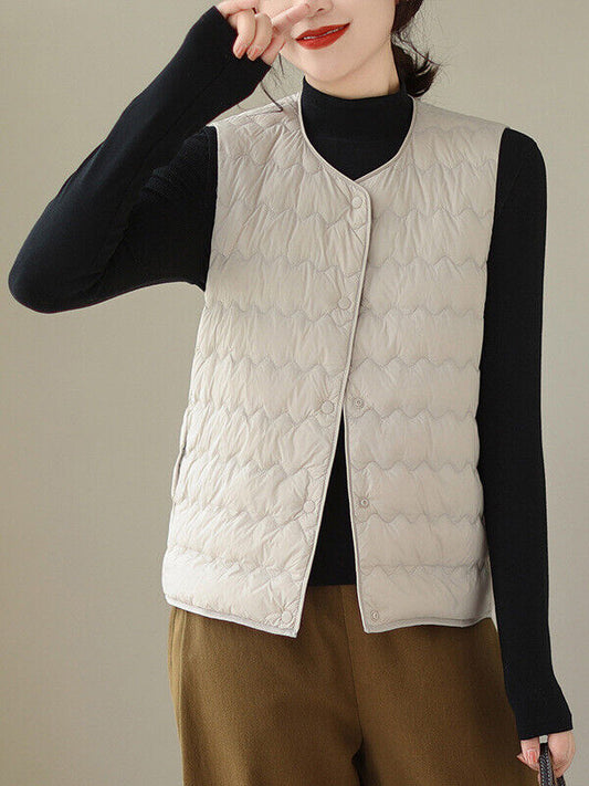 xakxx Loose Sleeveless Buttoned Quilted Solid Color Round-Neck Padded Vest